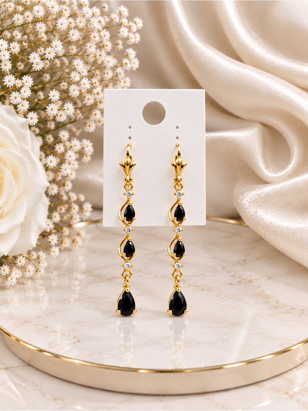 Gold Drop Earrings with Black Teardrop Stones - Women Jewelry